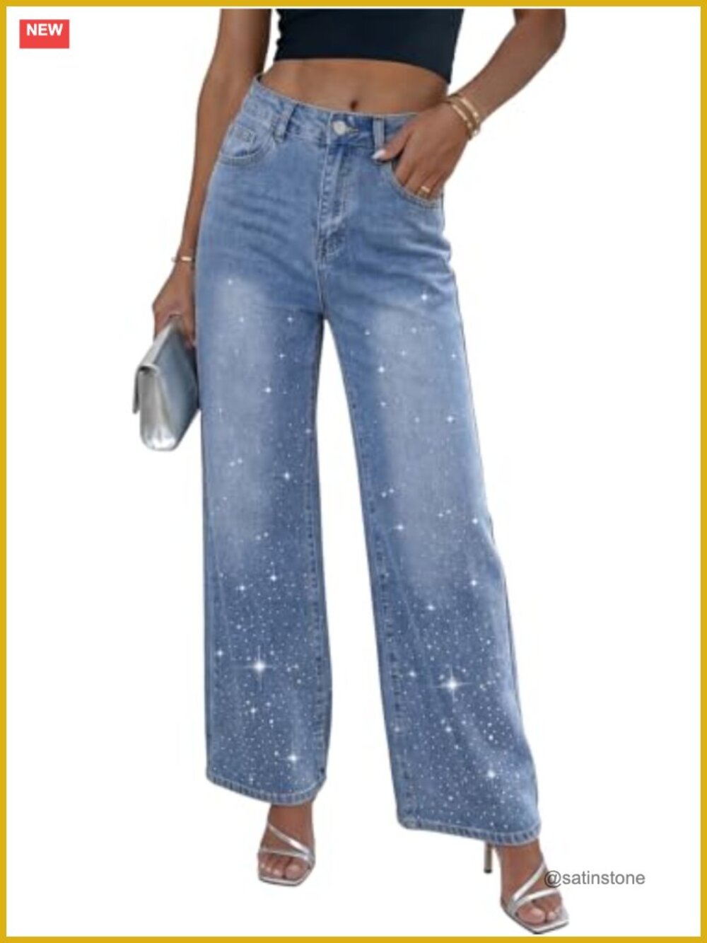Rhinestone Jeans for Women High Waisted Baggy Wide Leg Sparkly Denim Pants